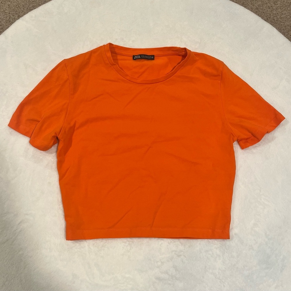 Zara Bright Orange Cotton Blend Cropped Tee - Size M - Picture 1 of 8